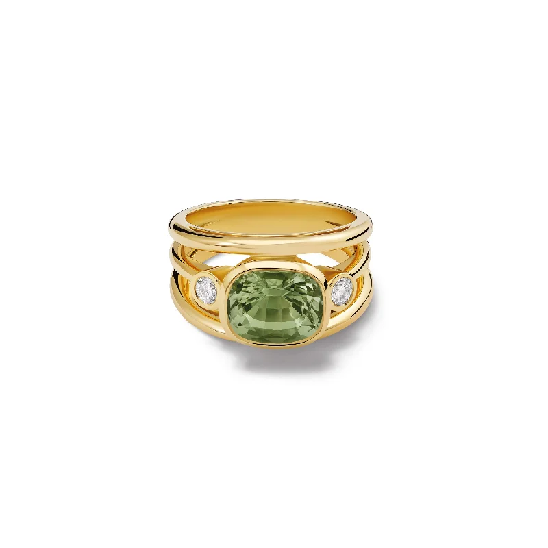 Men's Wedding Rings-Aeneus Roman Ring 18ct Yellow Gold - Green Aquamarine & Diamond