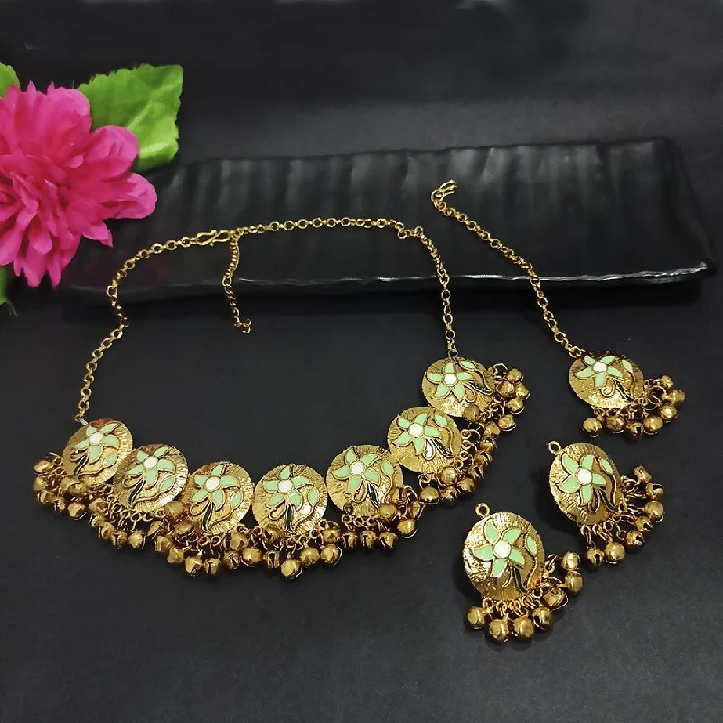 Silver Heart Necklaces-Kriaa Gold Plated Light Green Meenakari Necklace Set With Maang Tikka - 1116021F