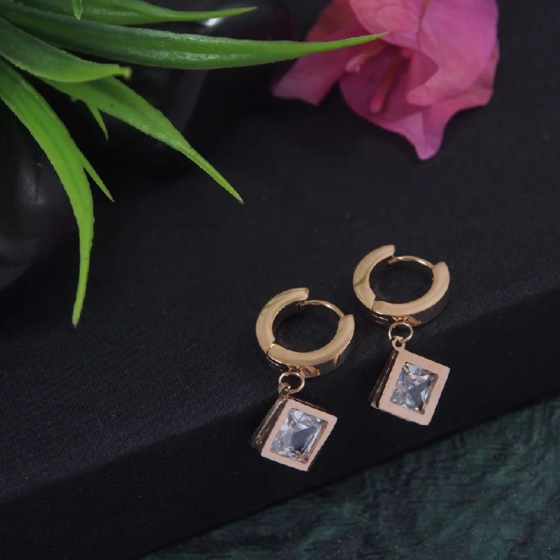 Elegant Wedding Earrings-Tarohi JewelsStainless Steel Rosegold Plated Square CZ Hoops Earring-STNER 2901