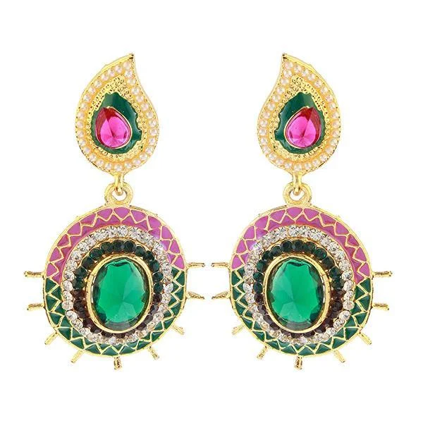 Elegant Bead Earrings-Kriaa Pink And Green Meenakari Gold Plated Dangler Earrings - 1304609