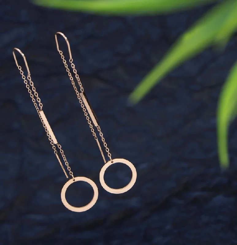 Handcrafted Earrings-Tarohi Jewels Stainless Steel Rosegold Plated Tiny Circle Long Threader Earring-STNER 2695