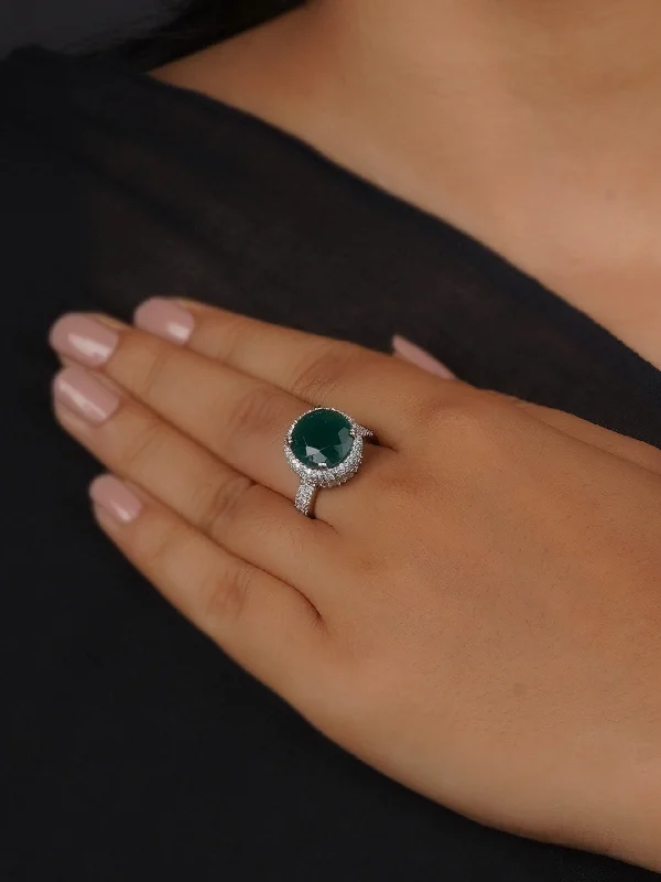 Designer Fashion Rings-Green Color Silver Plated Faux Diamond Ring - CZRNG106GR