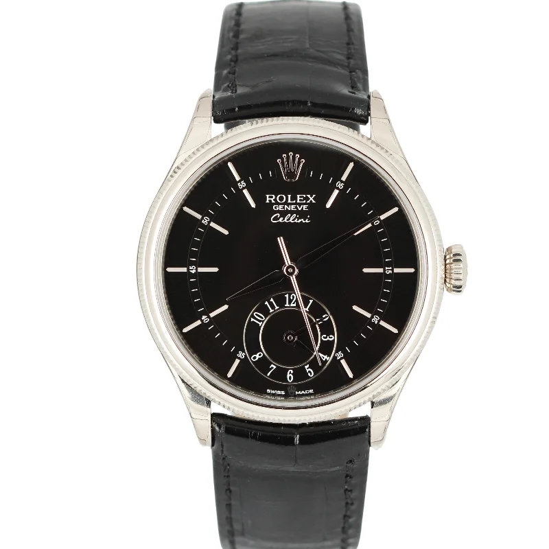 Designer Men’s Watches-BRAND NEW STICKERED Rolex Cellini Dual Time 39mm 18K White Gold Automatic Black