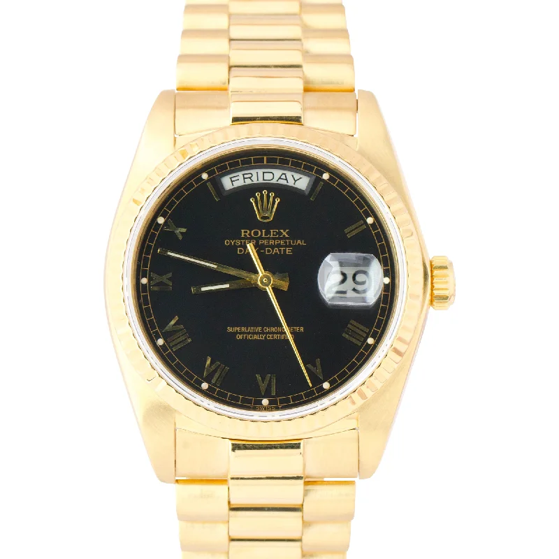 Solar Powered Watches-Rolex Day-Date President Black Roman 36mm 18K Gold Automatic Watch 18038