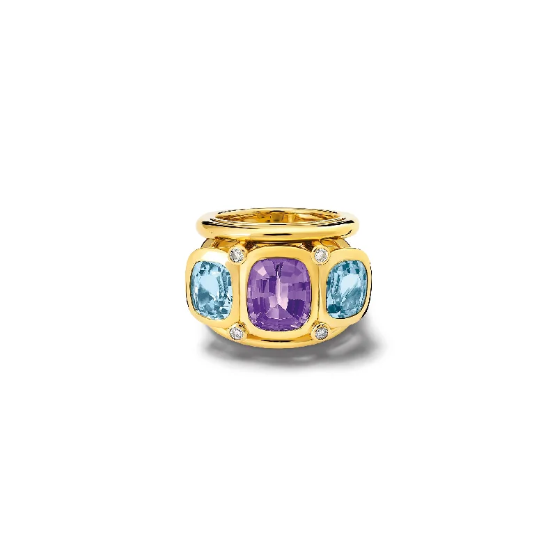 Custom Wedding Rings with Birthstones-Ozymandias Ring 18ct Yellow Gold - Amethyst, Blue Topaz & Diamond