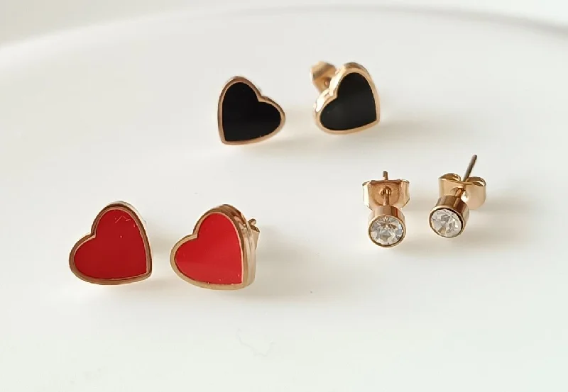 Elegant Crystal Earrings-Tarohi JewelsStainless Steel Rosegold Plated Three Pair Stud & Heart Shaped Earring-STNER 2557