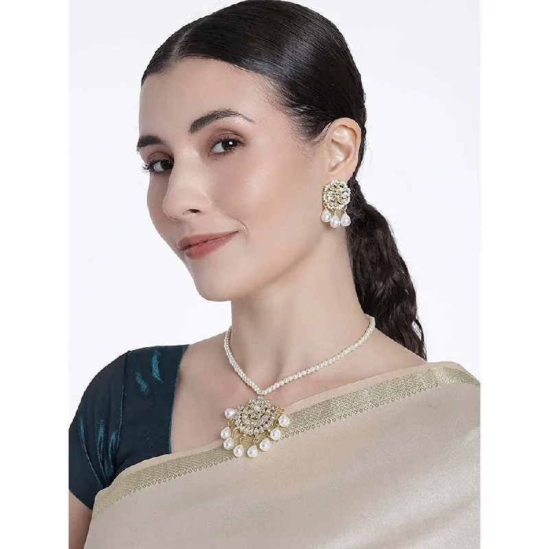 Trendy Silver Necklaces-Etnico18k Gold Plated Kundan Pearl Studded & Beaded Moti Mala Necklace Jewellery Set for Women (ML303W)