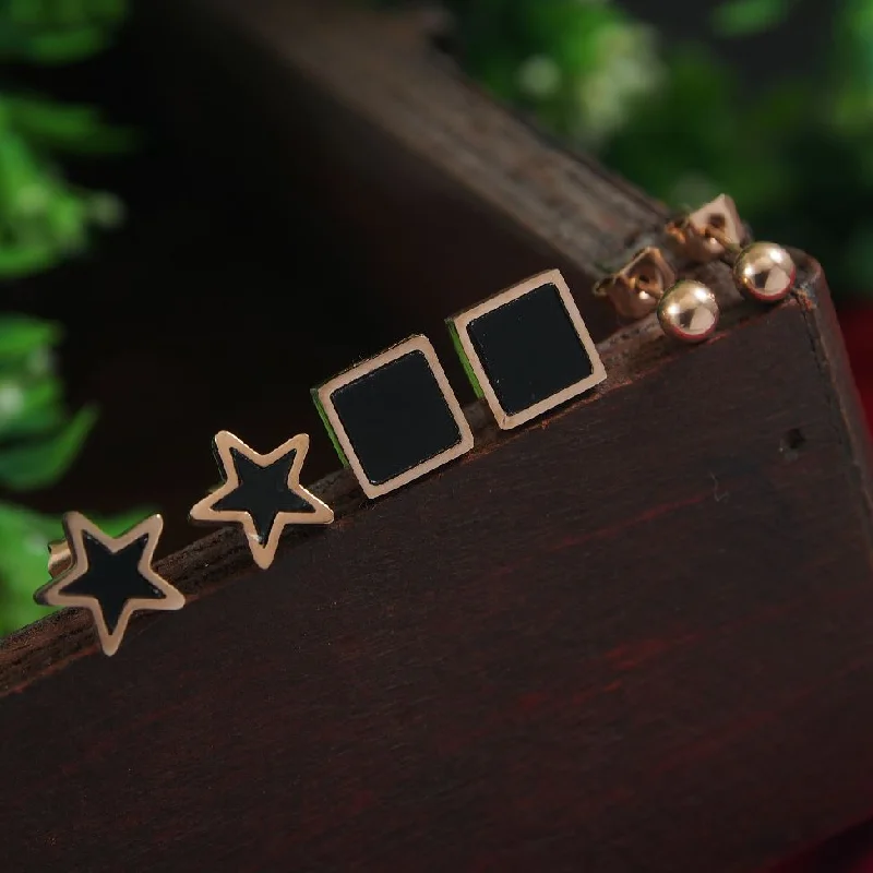 Colorful Resin Earrings-Tarohi JewelsStainless Steel Rosegold Plated Three Pair Star Square & Round Shaped Stud Earring-STNER 2862