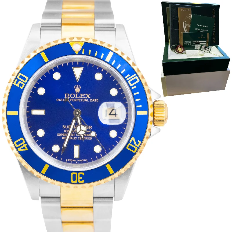 Retro Style Watches-UNPOLISHED 2007 Rolex Submariner Two-Tone Gold Blue NO-HOLES 40mm Watch 16613 LB