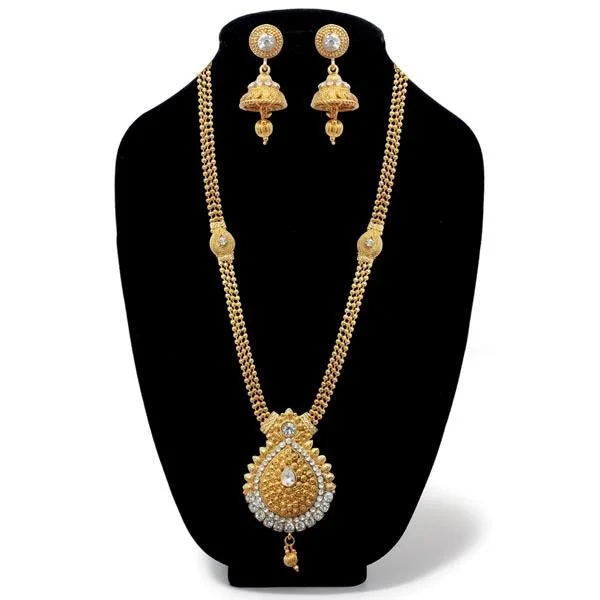 Multi-Layered Gold Necklaces-Kriaa Gold Plated White Austrian Stone Long Haram Necklace Set - 1107906A