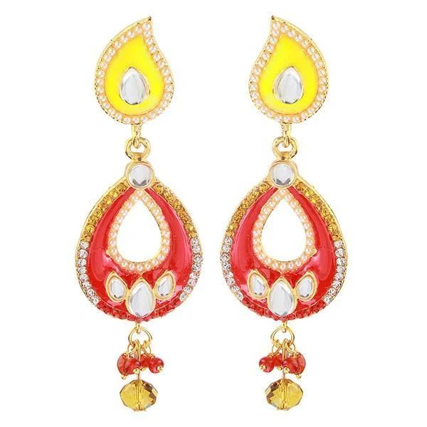 Boho Chic Earrings-Kriaa Red And Yellow Meenakari Kundan Dangler Earrings - 1304635