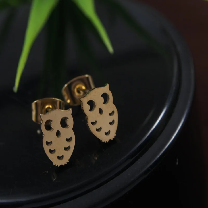 Colorful Dangle Earrings-Tarohi Jewels Stainless Steel Gold Plated Owl Stud Earring- STNER 3858