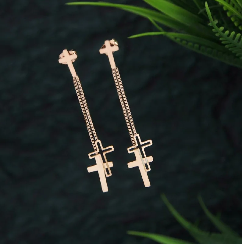 Funky Earrings for Teens-Tarohi Jewels Stainless Steel Rosegold Plated Cross Chain Earring-STNER 2741