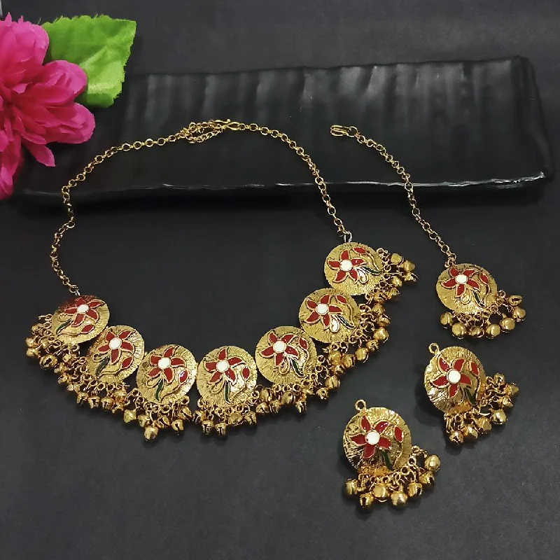 Colorful Crystal Pendant Necklaces-Kriaa Gold Plated Red Meenakari Necklace Set With Maang Tikka - 1116021A