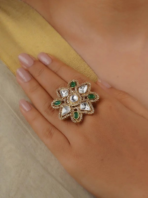 Vintage Art Deco Rings-Green Color Gold Plated Faux Polki Ring - PK-R8WGR