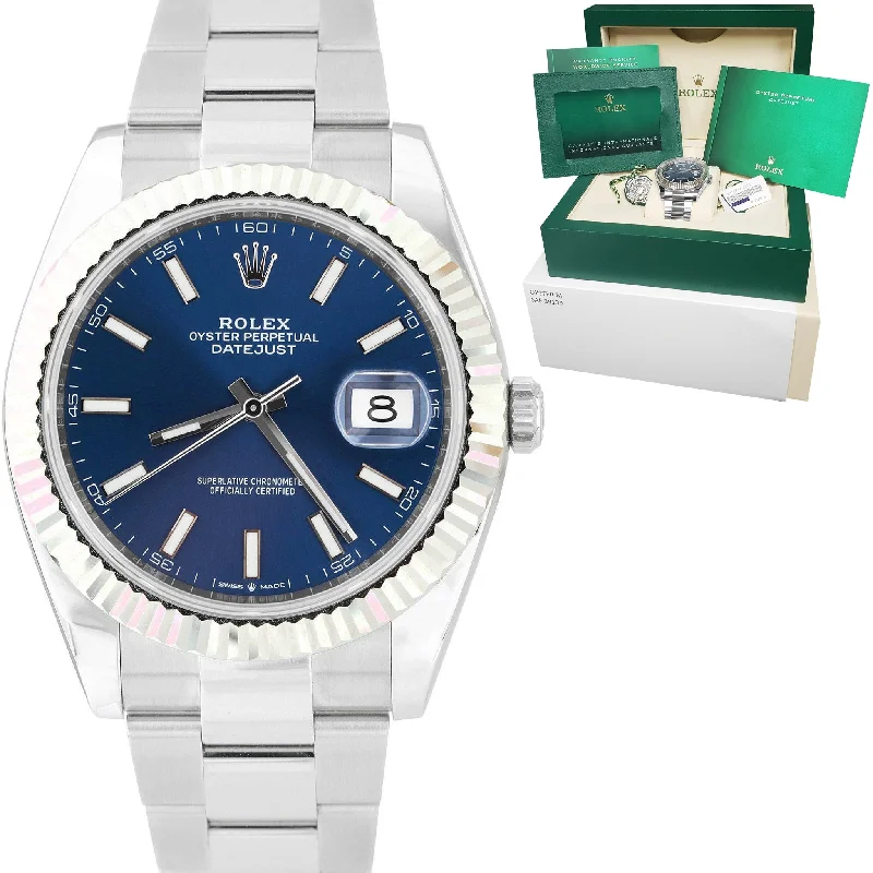 Solar Powered Watches for Hiking-NEW JULY 2022 Rolex DateJust 41 Blue Stainless Steel Fluted Oyster Watch 126334