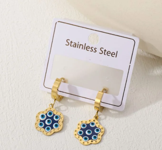 Elegant Gold Earrings-Tarohi JewelsStainless Steel Floral Shape Evil Eye Enamel Hoops Earring - STNER 5060