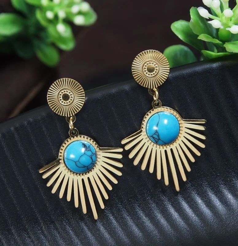 Unique Earrings for Gifts-Tarohi JewelsStainless Steel Turqoise Sunburst Drop Earring - STNER 5388