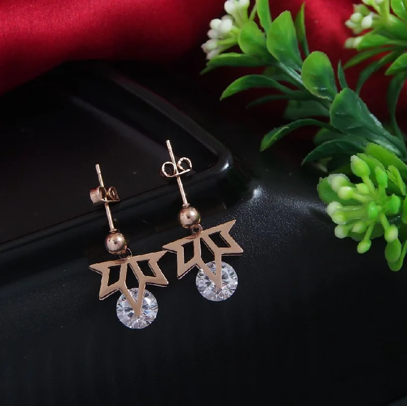 Heart Shaped Earrings-Tarohi JewelsStainless Steel Rosegold Plated Leaf Designed CZ Drop Earring-STNER 2868