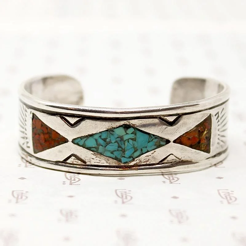 Stackable Bead Bracelets-Handsome Signed Silver Cuff with Inlay