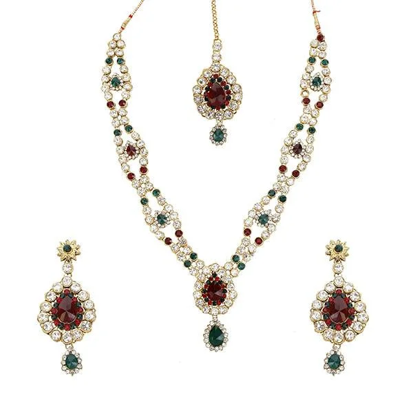 Artistic Necklaces for Women-Kriaa Maroon Austrian Stone Necklace Set With Maang Tikka - 1103641