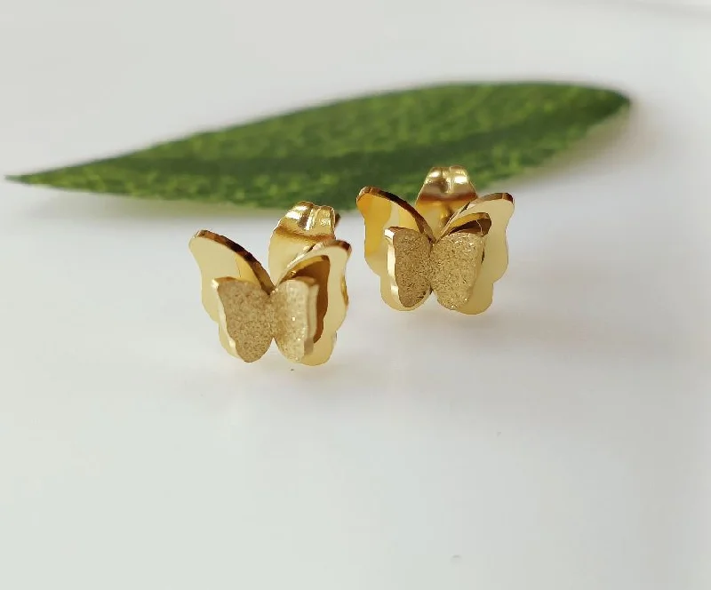 Chic Dangle Earrings-Tarohi JewelsStainless Steel Gold Plated Dual Butterfly Stud Earring-STNER 2556