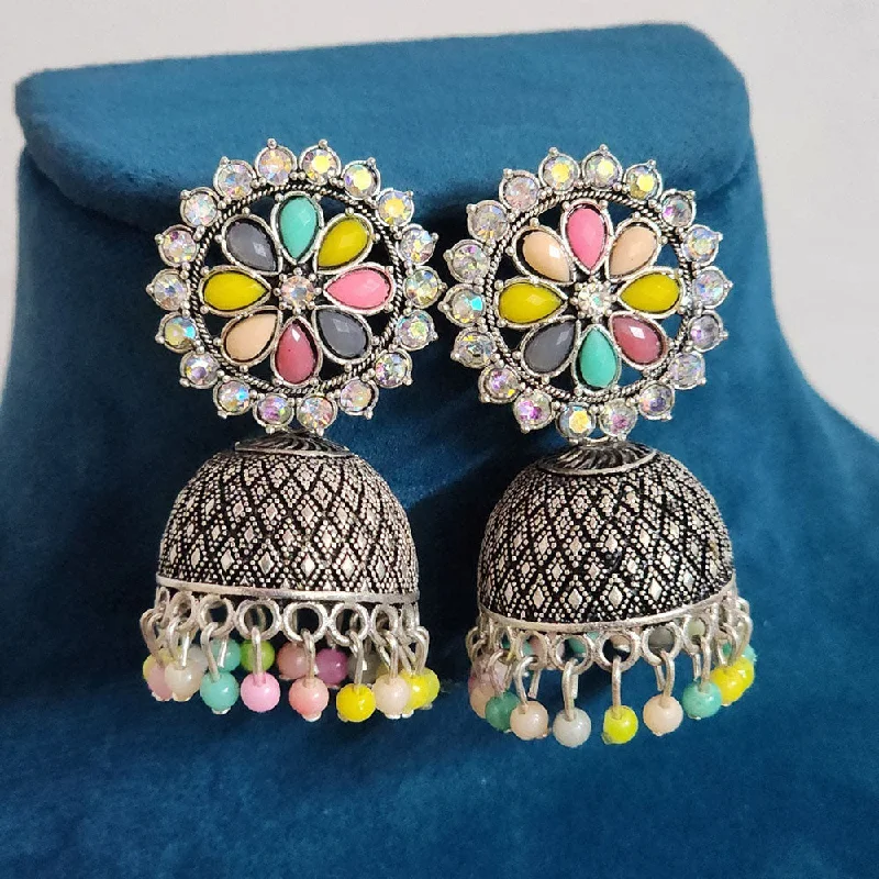 Funky Earrings for Teens-H K Fashion Oxidised Plated Crystal  Stone And Pearls Jhumki Earrings