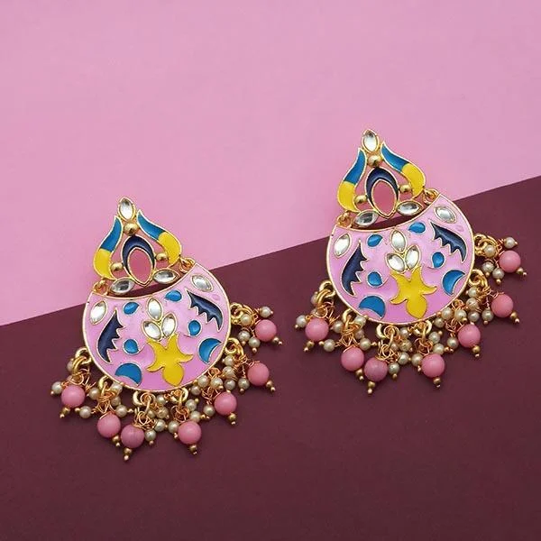 Beautiful Dangle Earrings-Kriaa Pink Meenakari And Beads Kundan Dangler Earrings - 1314215C