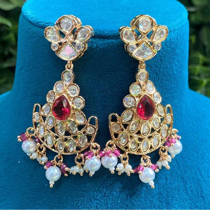 Light Crystal Earrings-Royal Kundan Jewellery Gold Plated Crystal Stone And Pearls Dangler Earrings