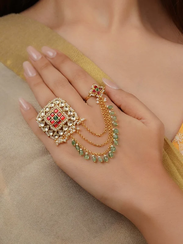 Customizable Wedding Bands-Multicolor Gold Plated Jadau Kundan Ring - MRNG190M