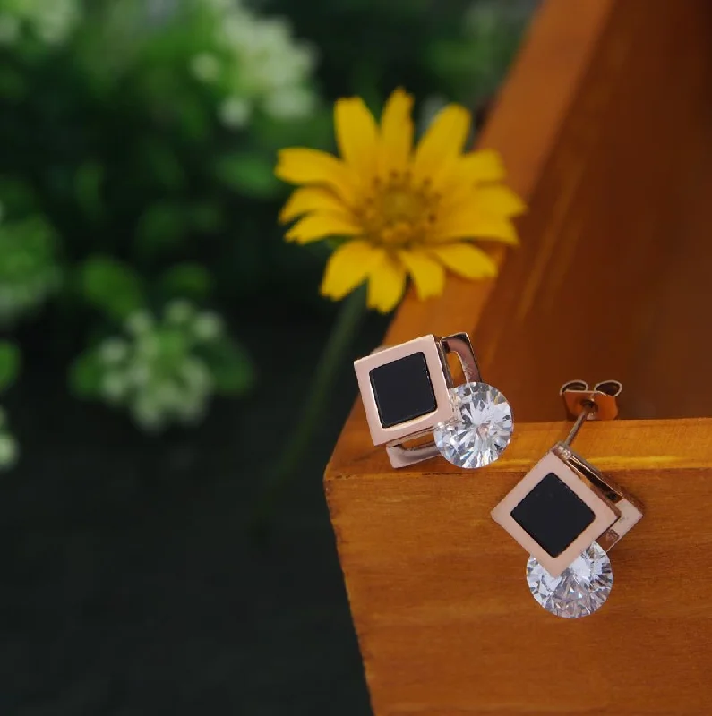 Funky Resin Earrings-Tarohi Jewels Stainless Steel Rosegold Plated Rhombus Shaped CZ Stud Earring-STNER 2867