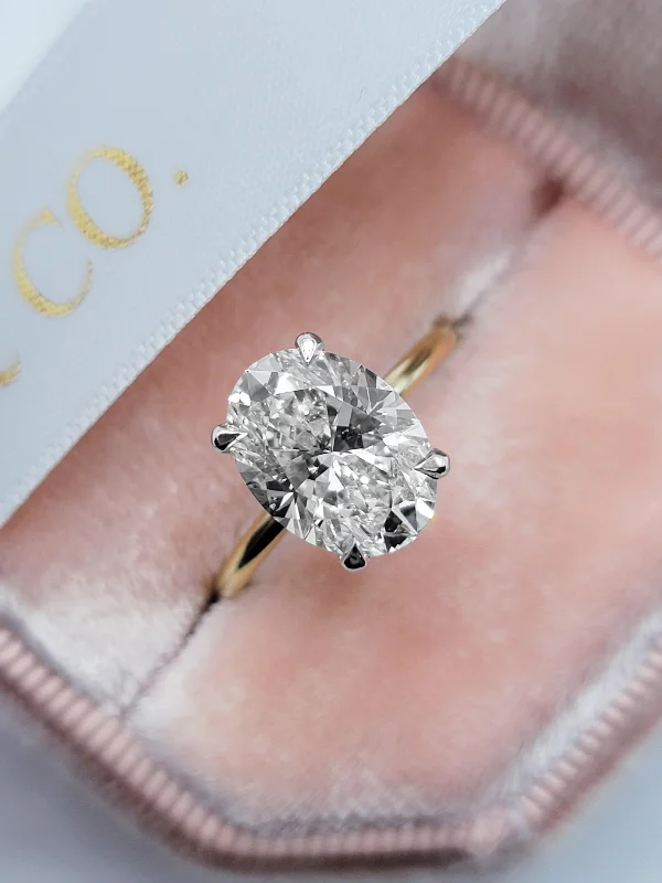 Elegant Gold Rings-3.22 Carats Lab Grown Oval Cut Two Tone Solitaire Hidden Halo Diamond Engagement Ring