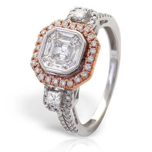 Handcrafted Promise Rings-14KW+R 1.10CTW BAGUETTE DIAMOND RING - 8 SIDED HAL