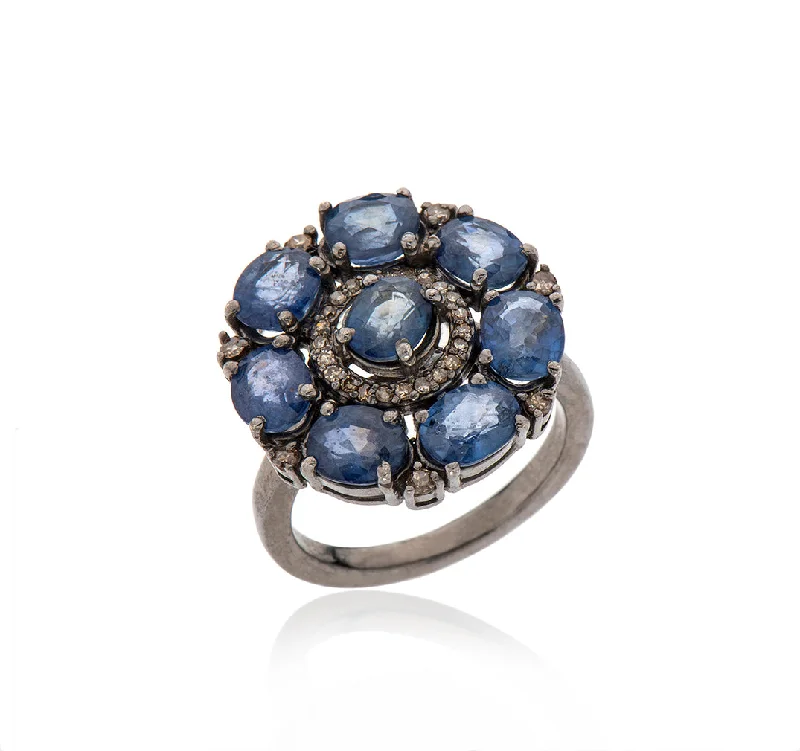 Minimalist Silver Rings-Nava Zahavi Silver Sapphire Diamonds Blossom Floral Ring