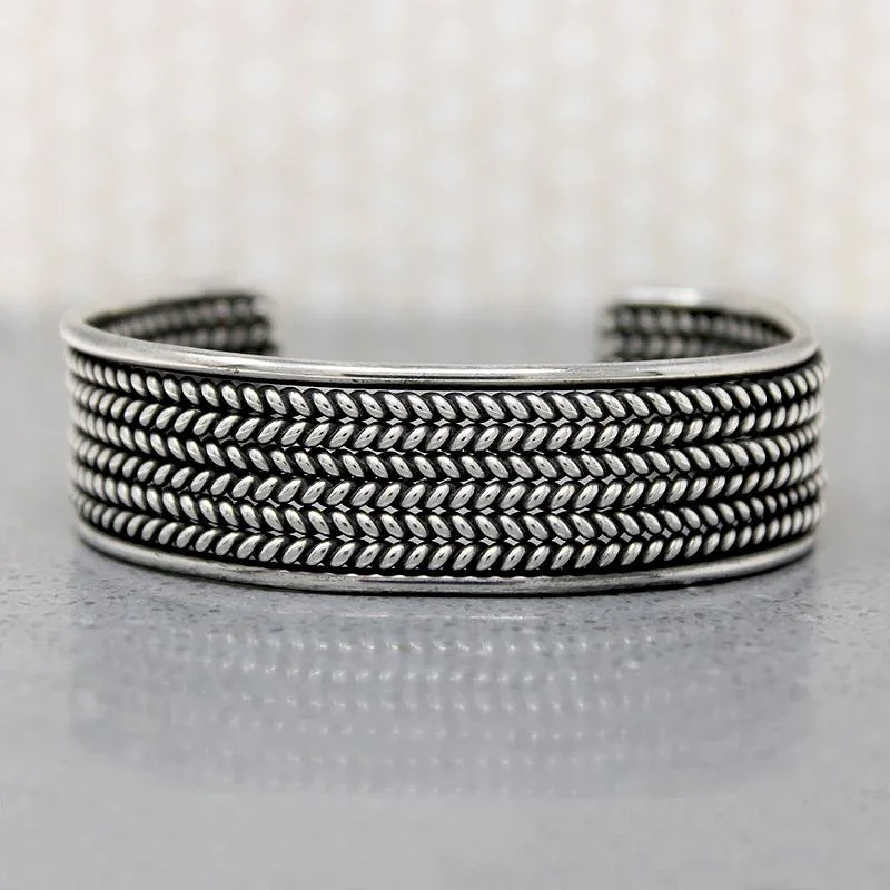 Luxury Diamond Bracelets-Herringbone Plait Silver Wire Cuff Bracelet