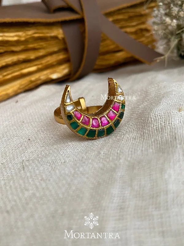 Custom Name Rings-Multicolor Gold Plated Thappa Jadau Kundan Ring - TJ-R14M