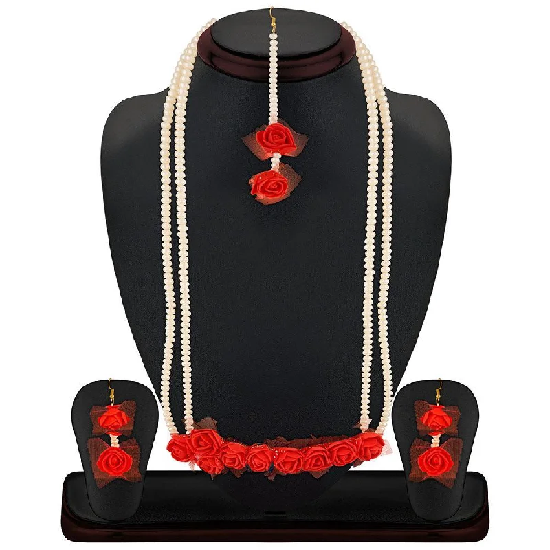 Trendy Gold Necklaces-Mahi Exquisite Gotta Patti Red Floral Inspired Necklace Set With Artificial Pearl