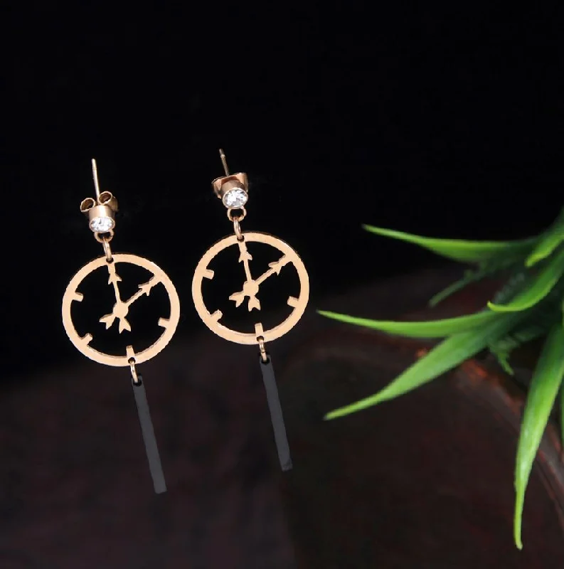 Simple Stud Earrings for Daily Wear-Tarohi Jewels Stainless Steel Rosegold Plated Clock Designed Earring- STNER 2728