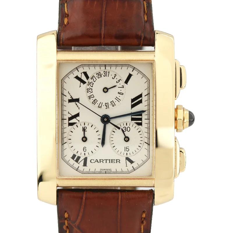 Custom Engraved Watches-MINT Cartier Tank Francaise Chronoflex Chronograph 18K Gold Quartz Watch 1830