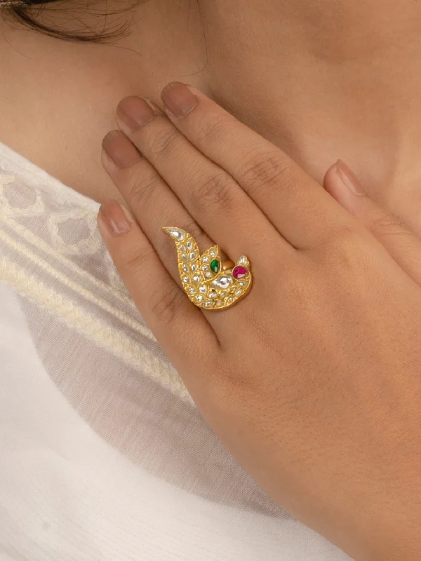 Classic Silver Rings-Multicolor Gold Plated Thappa Jadau Kundan Ring - TJ-R38M