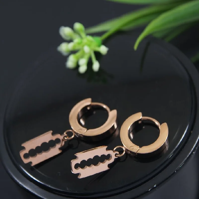 Gemstone Stud Earrings-Tarohi JewelsStainless Steel Rosegold Plated Razor Blade Shaped Hoops Earring- STNER 4060