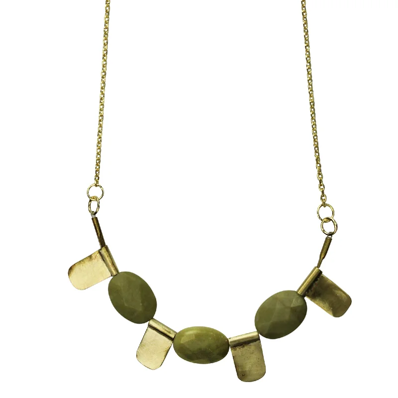 Large Gold Pendant Necklaces-Necklace, Brass with Olive Jade