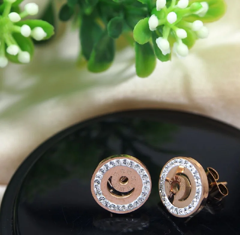 Custom Metal Earrings-Tarohi JewelsStainless Steel Rosegold Plated Roman Numerals Stud Earring-STNER 2731