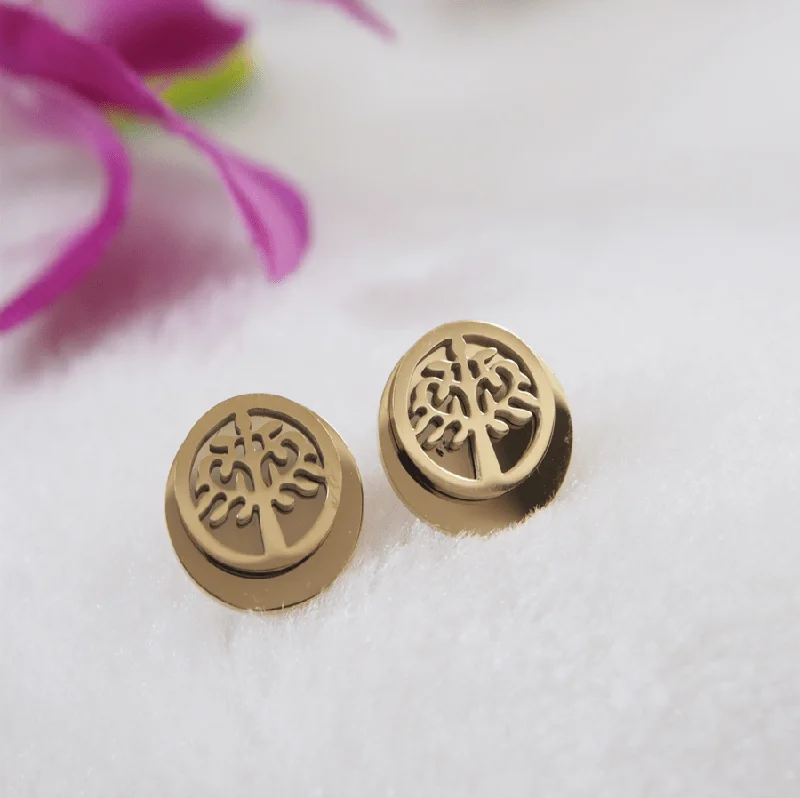 Light Crystal Earrings-Tarohi JewelsStainless Steel Gold Plated Tree Stud Earring- STNER 3904