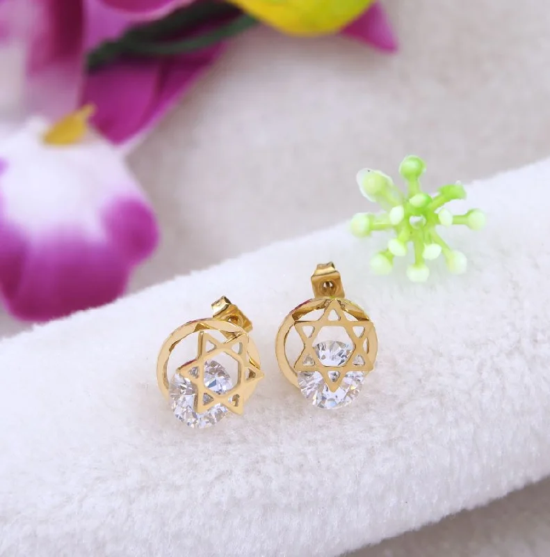 Luxury Diamond Earrings-Tarohi Jewels Stainless Steel Gold Plated Cubic Zicron Star Shaped Stud Earring- STNER 4057