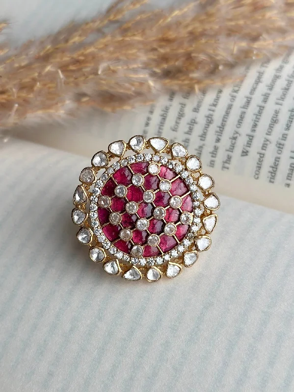 Natural Stone Rings-Pink Color Gold Plated Moissanite Ring - MO-RNG1P