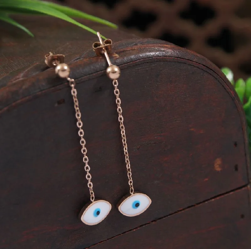 Beaded Hoop Earrings-Tarohi JewelsStainless Steel Rosegold Plated Evil Eye Chain Dangle Earring- STNER 4051