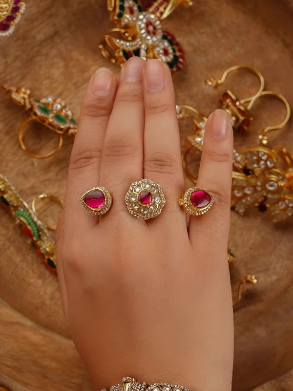 Rose Gold Promise Rings-Pink Color Gold Plated Jadau Kundan Ring - MRNG176