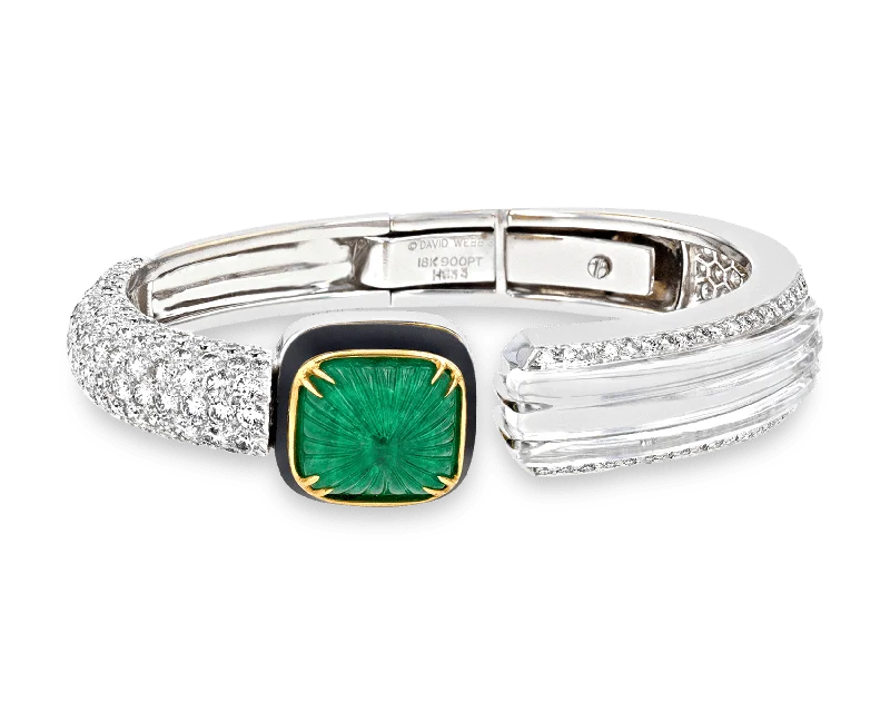 Sterling Silver Tennis Bracelets-David Webb Emerald, Diamond & Rock Crystal Bracelet