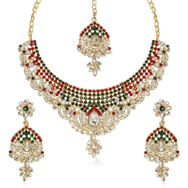 Designer Bead Necklaces-Kriaa Gold Plated Maroon & Green Austrian Stone Necklace Set With Maang Tikka